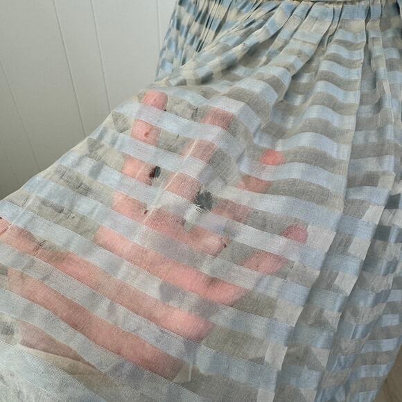 1950s Ice Blue Organza Party Dress with Appliqué – Sheer Stripe Full Skirt AS-IS - Picture 11 of 16